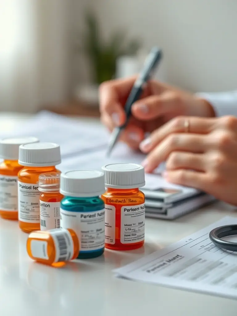 A close-up shot of prescription medication bottles with a doctor's hand writing notes on a patient's chart, symbolizing medication management services.