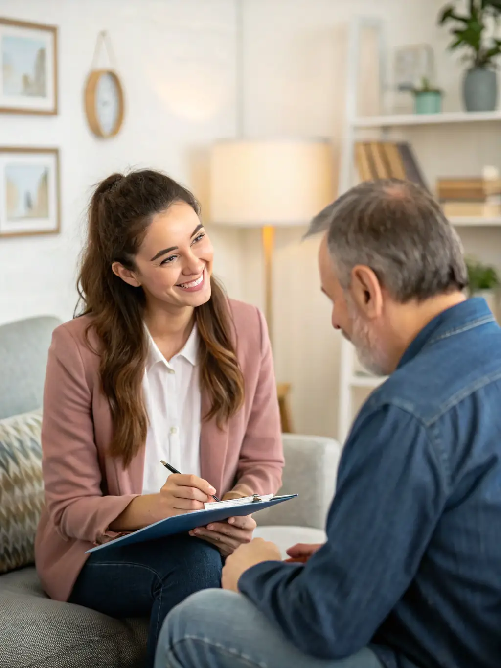 A compassionate psychiatrist sitting across from a patient in a brightly lit, comfortable office, engaging in a thoughtful discussion during a psychiatric evaluation session.