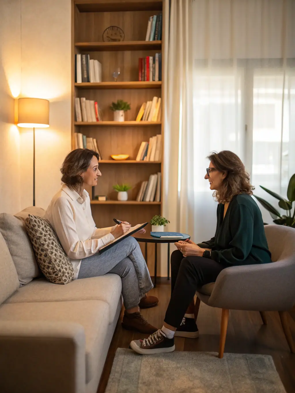 A therapist and patient collaboratively discussing treatment options in a warm, inviting office setting, emphasizing personalized care.